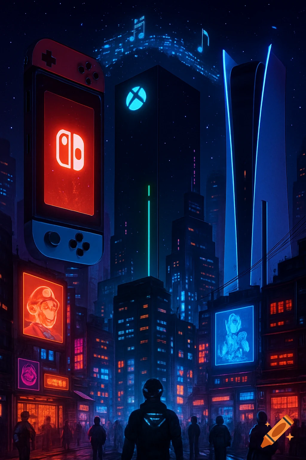 A dark, neon-lit cyberpunk cityscape dominated by giant glowing Nintendo Switch, Xbox, and PlayStation consoles as buildings. People walk below.