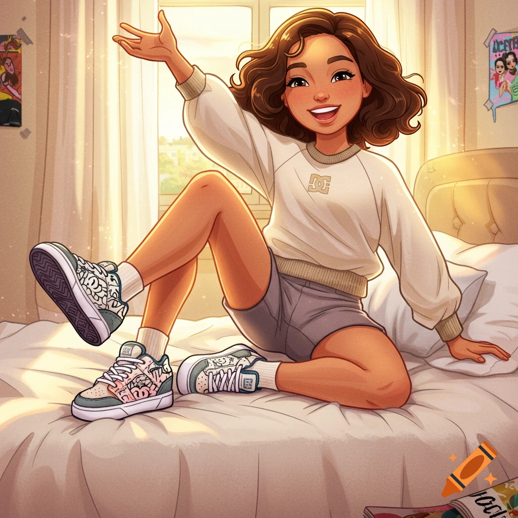 A smiling cartoon girl with brown hair sits on a bed, wearing a white sweatshirt, gray shorts, and patterned sneakers, with her arm raised. Sunlight streams through a window behind her.