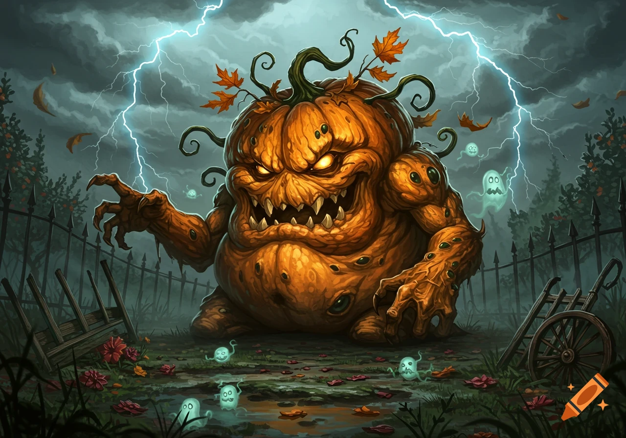 A menacing, monstrous pumpkin creature with glowing eyes and sharp teeth, surrounded by tiny ghosts under a stormy, lightning-filled sky in a dark, overgrown yard.