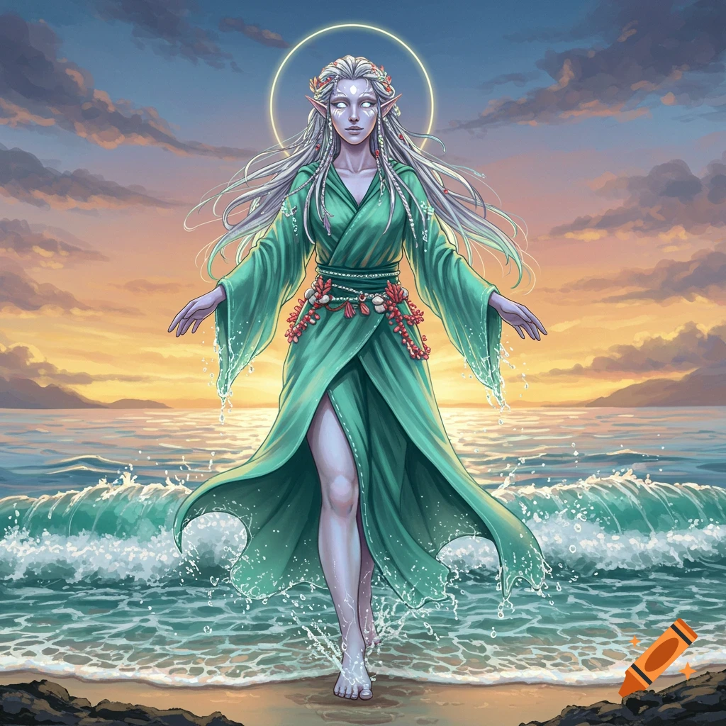 A mystical female fantasy character in a green robe stands in ocean waves on a beach at sunset, digital art.