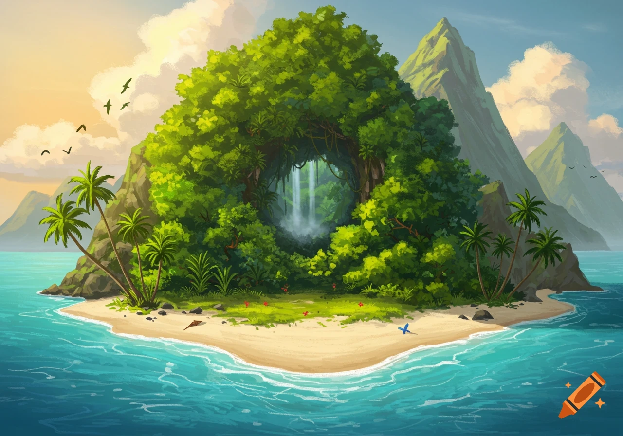 Vibrant illustration of a tropical island with a central waterfall, sandy beach, palm trees, and clear blue ocean.