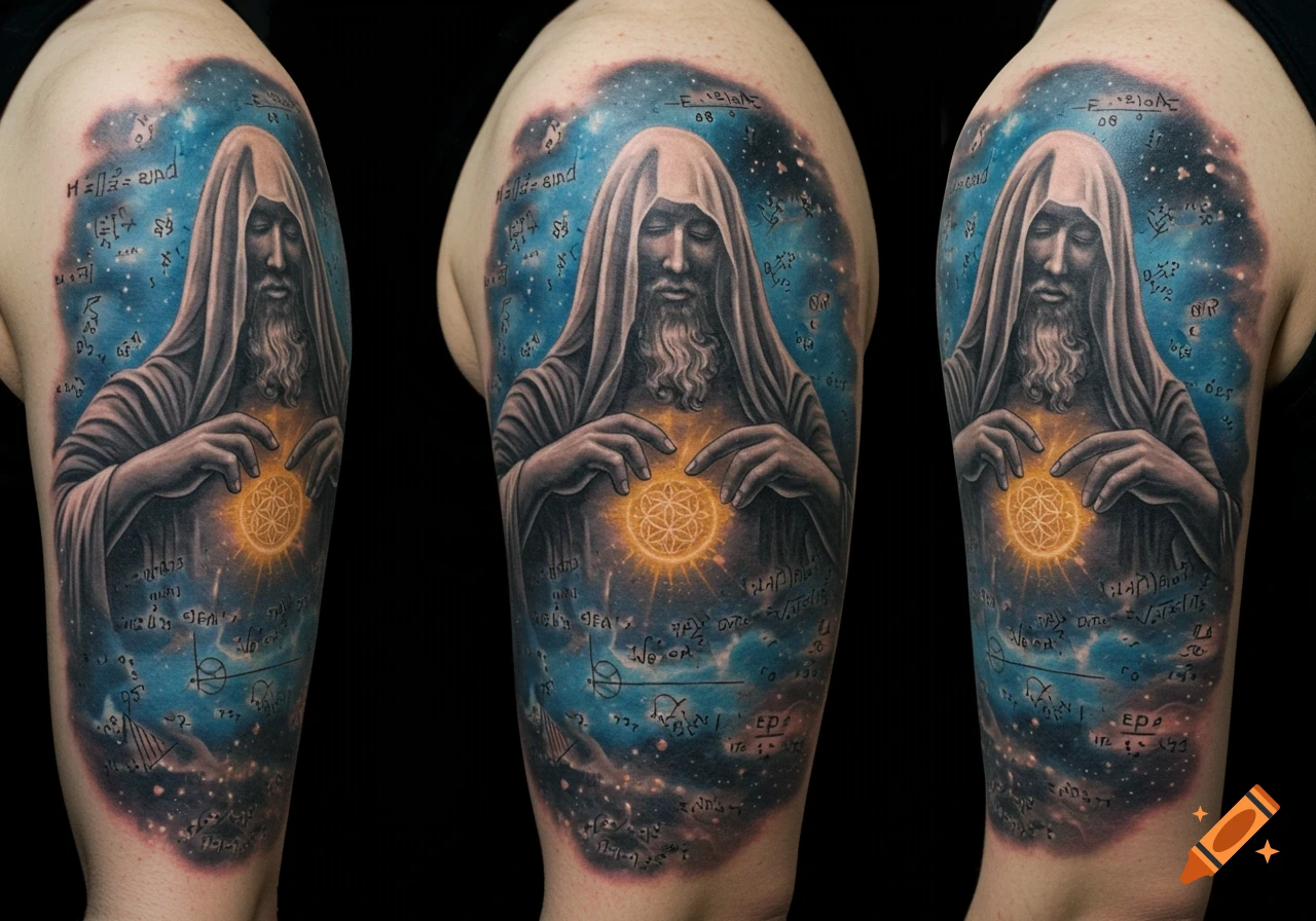 A photograph of a full-sleeve tattoo on an arm, depicting a robed, bearded figure holding a glowing geometric symbol against a cosmic background filled with illegible mathematical equations.