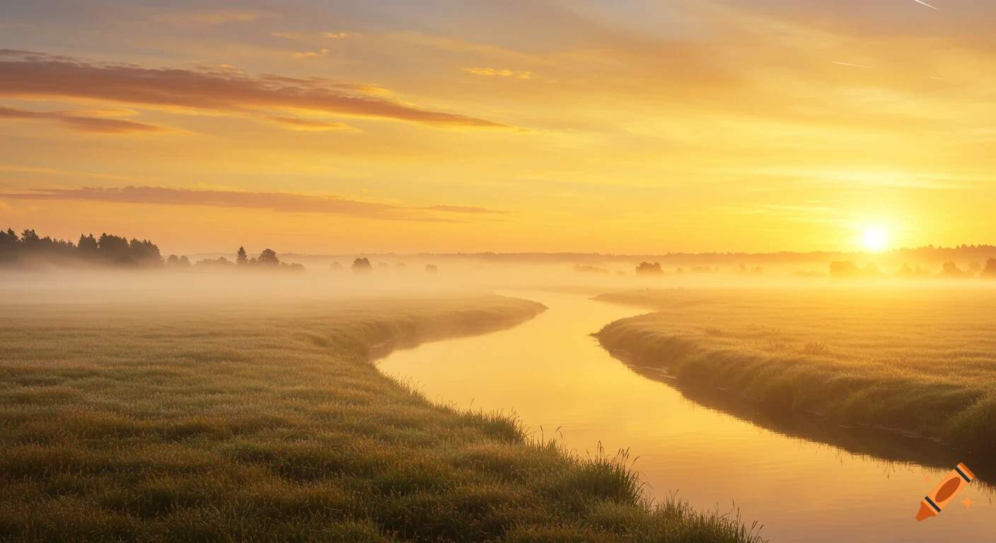 A river winding through misty fields at sunrise under a golden sky.