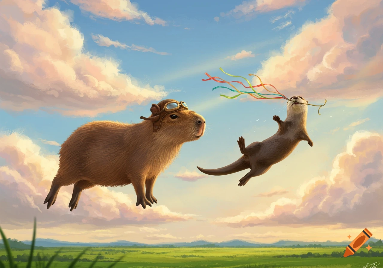 A whimsical digital illustration of a flying capybara in pilot goggles and a flying otter with colorful ribbons in the sky.