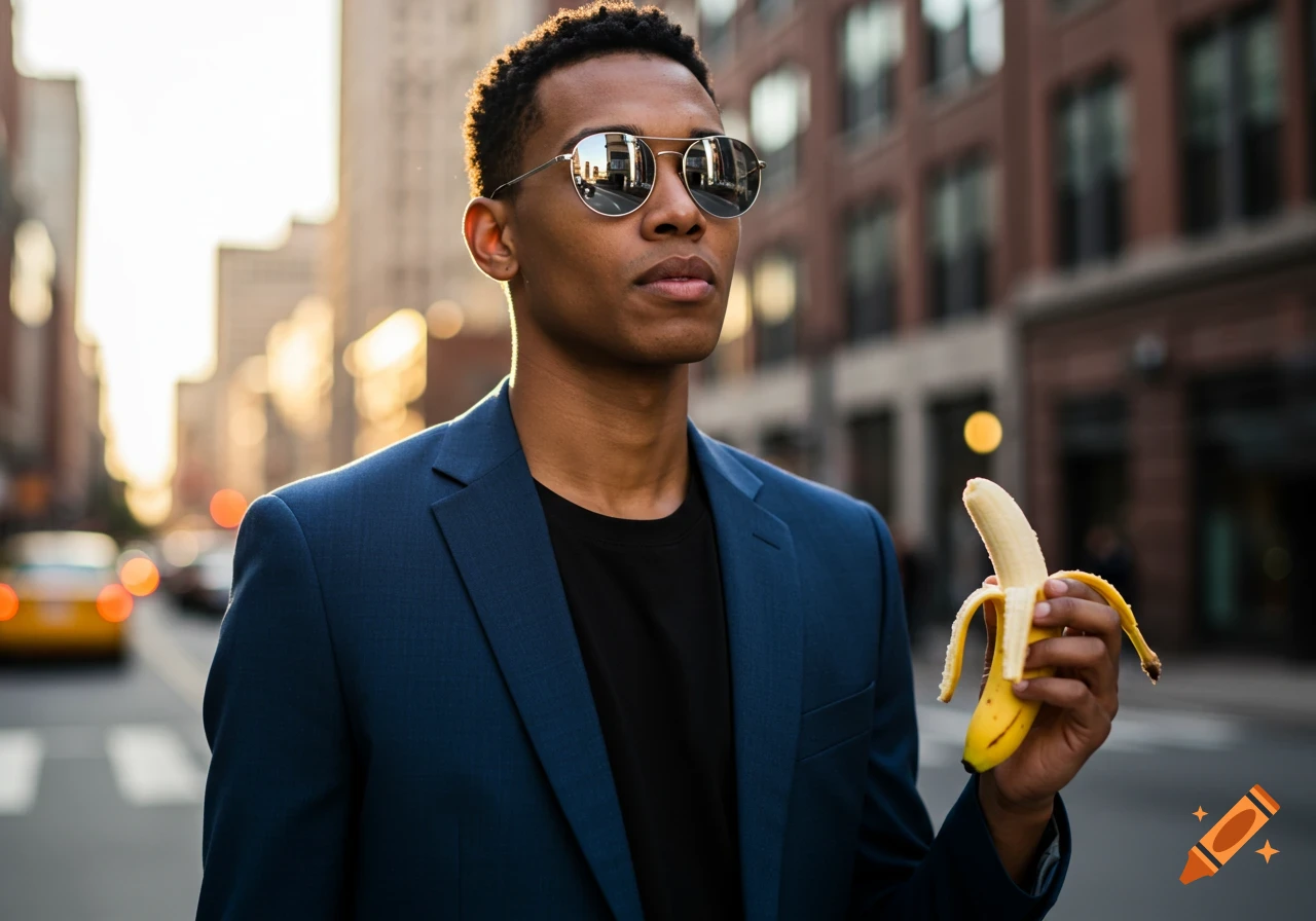 A man in a blue suit and sunglasses holds a peeled banana while standing on a city street at sunset.