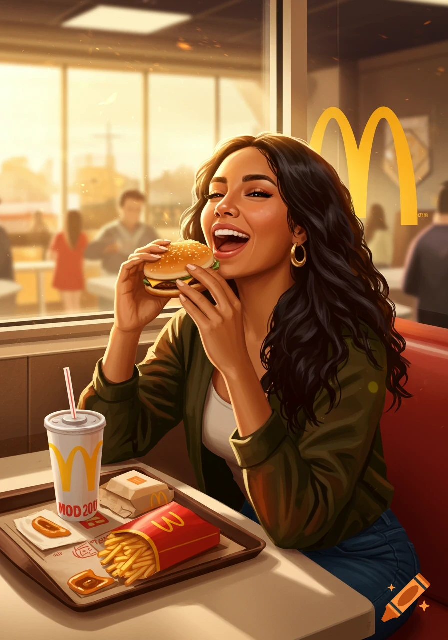 A smiling woman with long dark hair holds a burger in a McDonald's restaurant with a tray of fries and a drink.