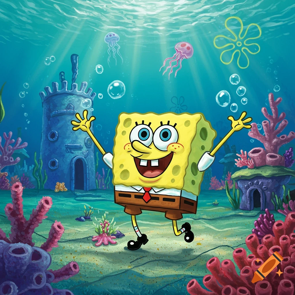 Spongebob SquarePants smiles and waves underwater, surrounded by colorful coral, a gray castle, and pink jellyfish.