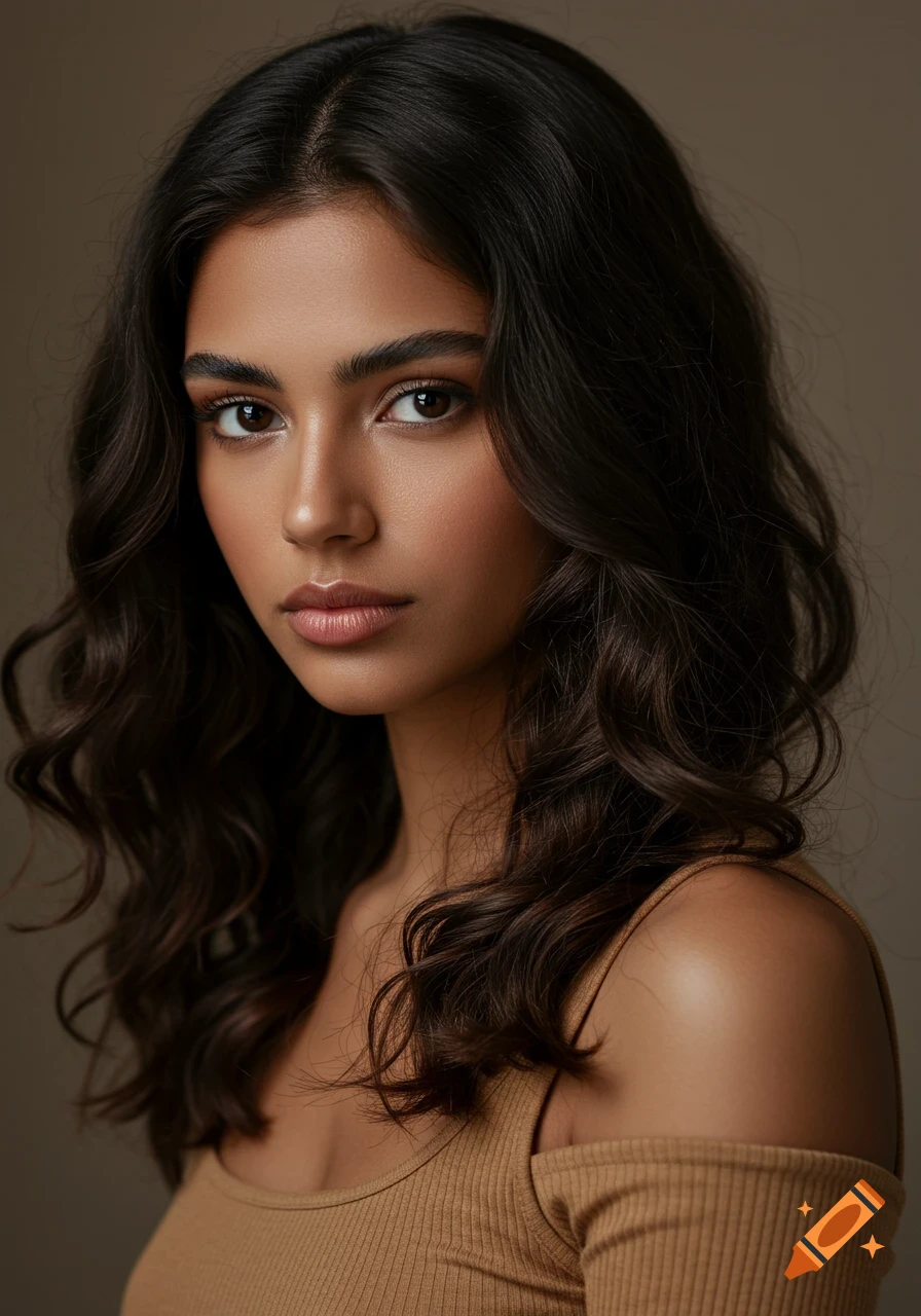 Photorealistic portrait of a young woman with dark brown wavy hair, dark eyes, tan skin, and full lips, wearing a light brown top.