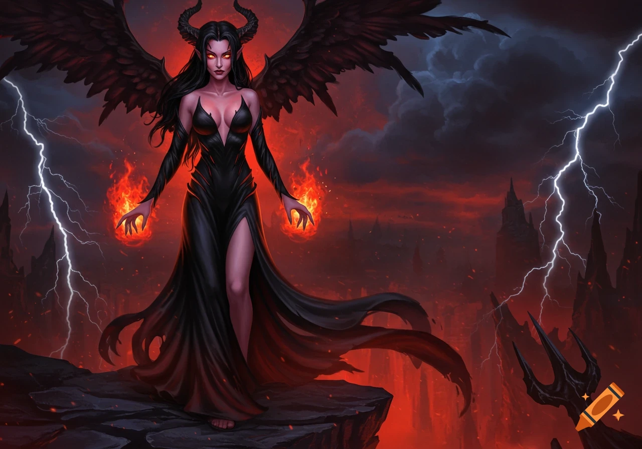 A horned demoness with black wings, red eyes, and a black gown stands on a cliff, conjuring fireballs over a fiery, stormy landscape with lightning.