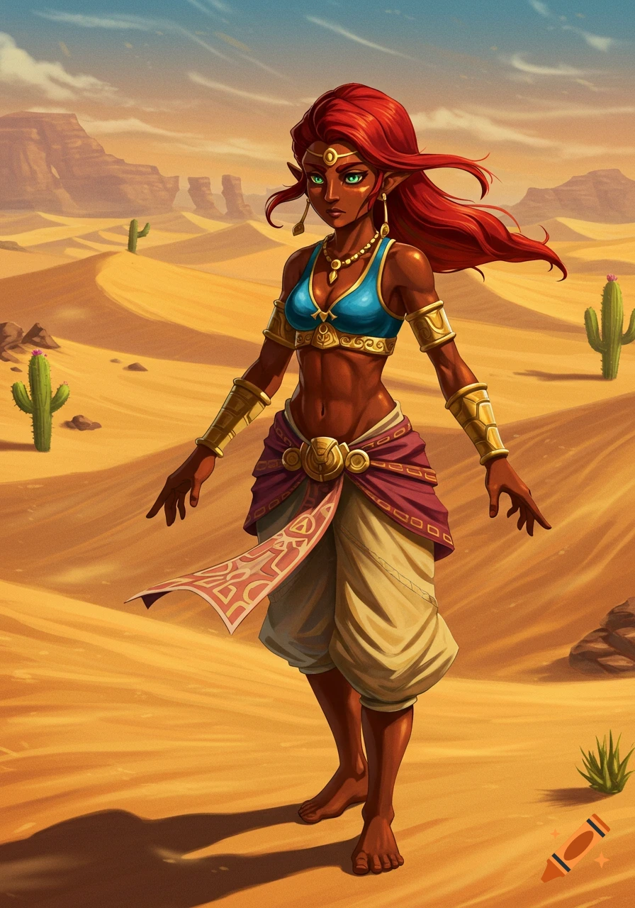 A dark-skinned fantasy woman with long red hair and green eyes stands in a golden desert with sand dunes and cacti under a blue sky. She wears a blue and gold top, gold armbands, and flowing pants with a decorative sash.