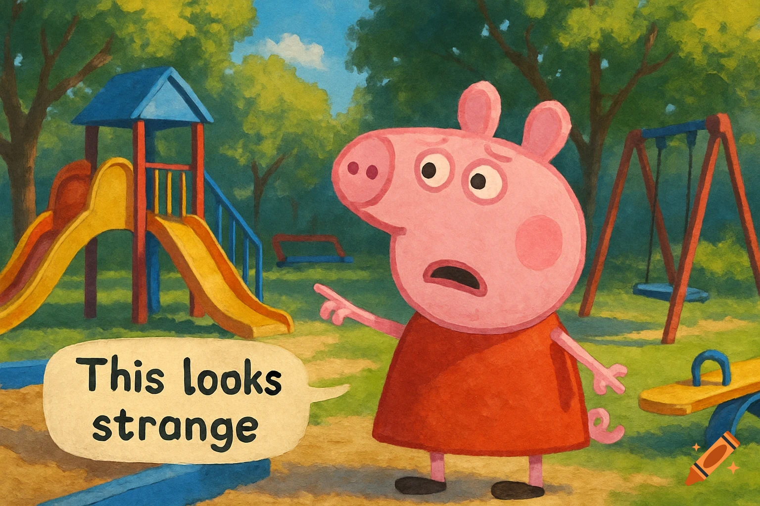 Peppa Pig stands in a colorful, painterly playground, looking worried and pointing, with a speech bubble saying 'This looks strange'.