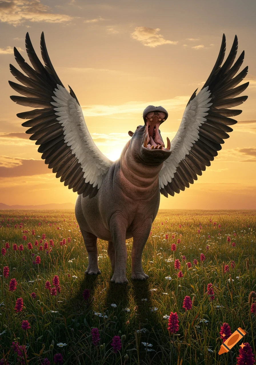 A winged hippo stands in a field of red flowers at sunset.