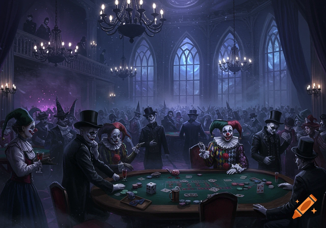 A dark gothic party in a grand hall, with chandeliers and large windows, where people in clown makeup and dark attire gamble at poker tables.