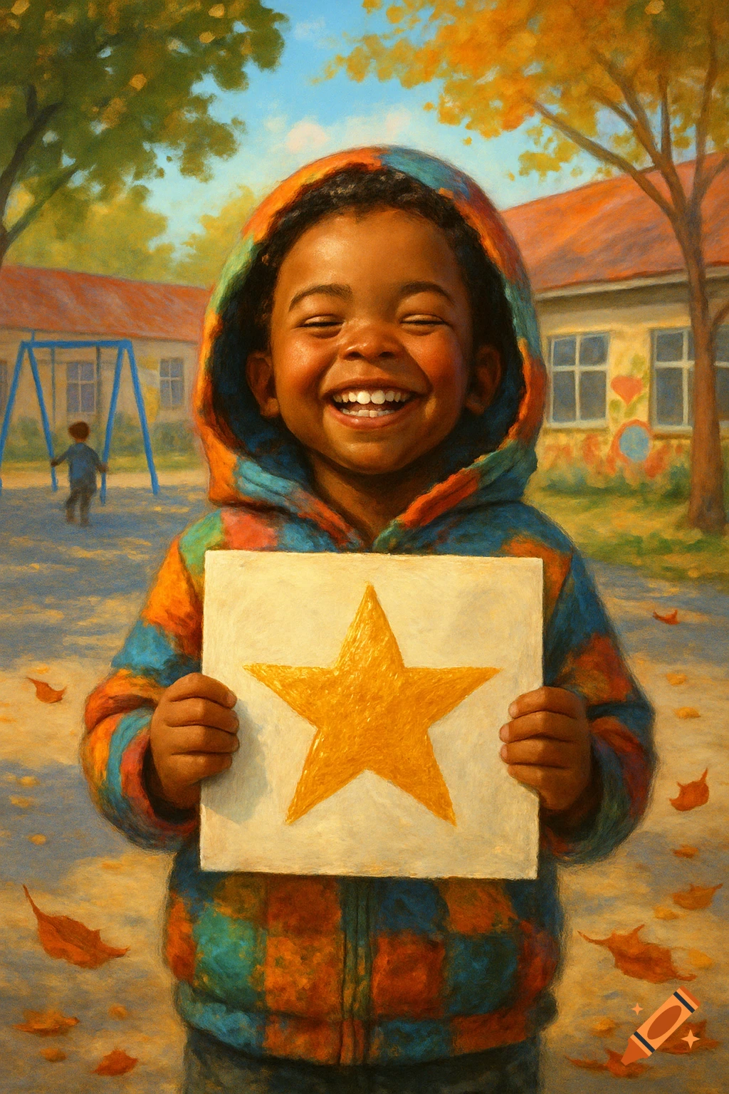 A smiling Black child in a colorful hoodie holds a white sign with a large golden star. The image is in a painterly style, set in an autumn playground.