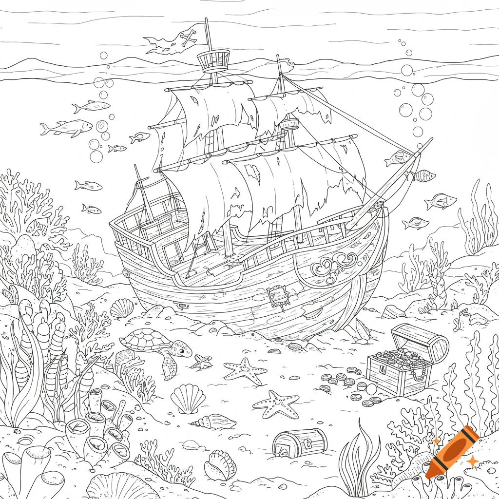 A detailed black and white line drawing of a sunken pirate ship surrounded by marine life and treasure on the ocean floor, suitable for coloring.