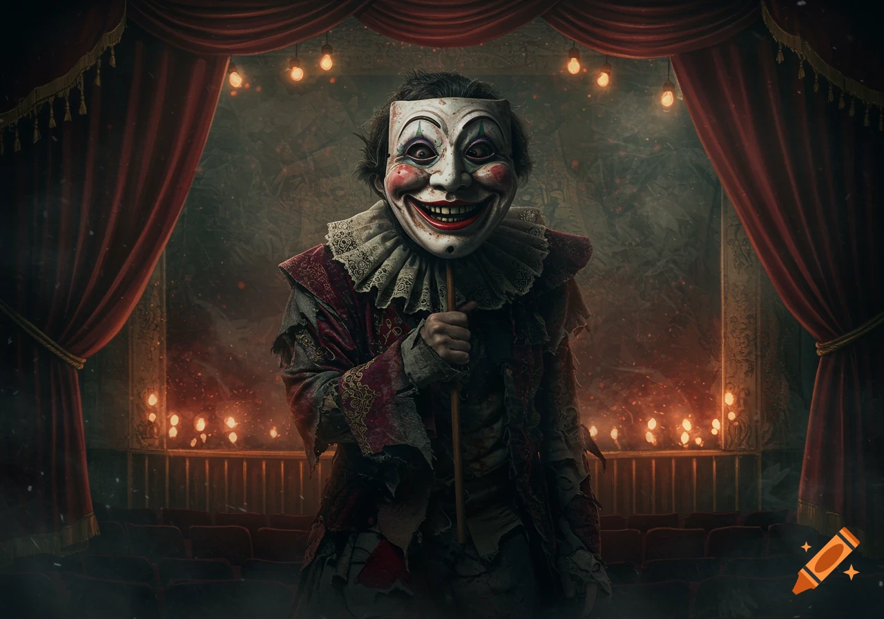 A creepy, grinning clown mask on a tattered actor holding a stick on a dark, red-curtained theater stage.