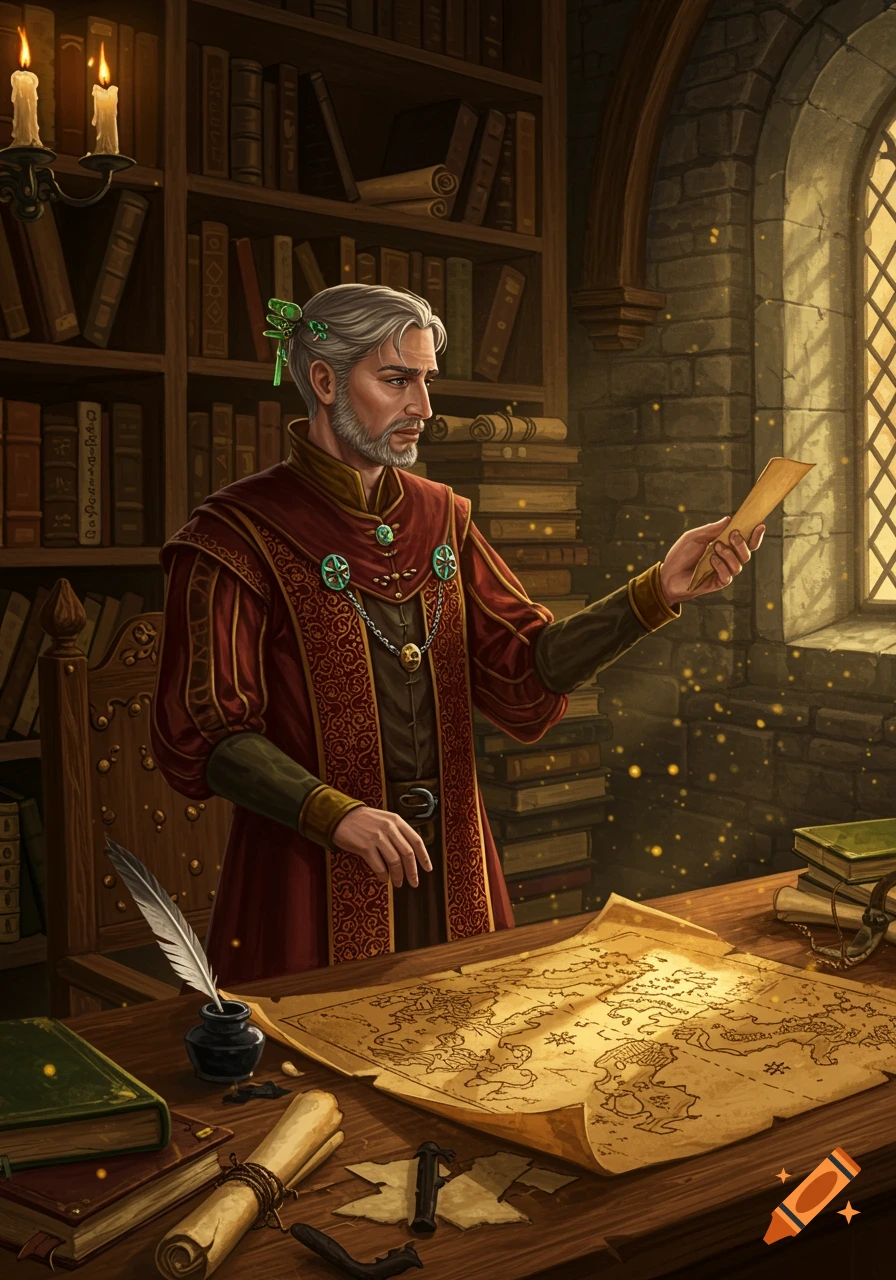 A grey-haired man in medieval robes stands in a detailed library, examining a paper with a map on his desk.