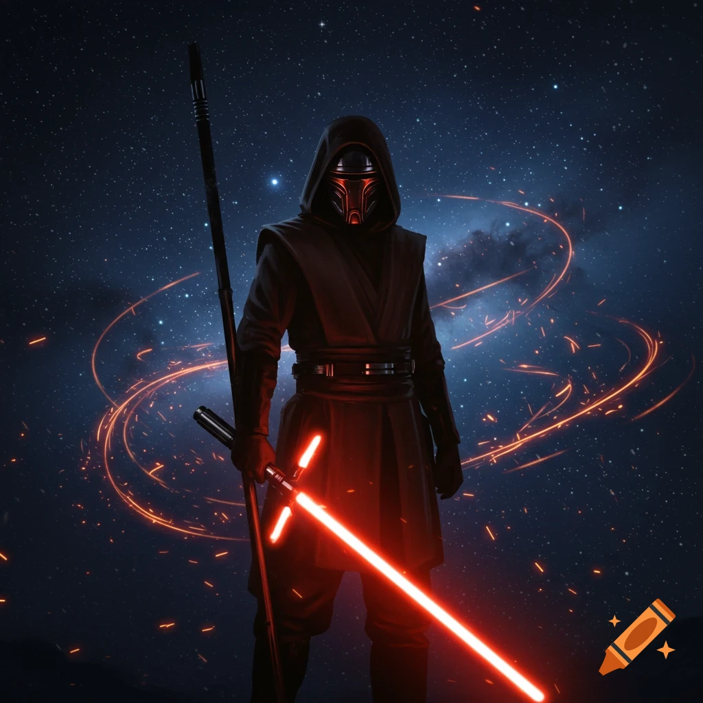 A dark figure in a hooded cloak and mask holds a red crossguard lightsaber in a starry galaxy with orange light trails.