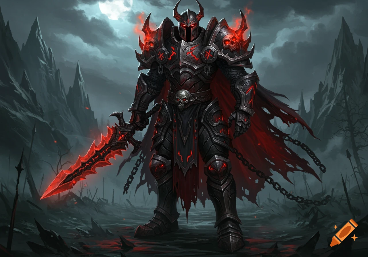 A dark fantasy knight in black and red glowing armor, holding a demonic sword, stands in a desolate landscape under a full moon.