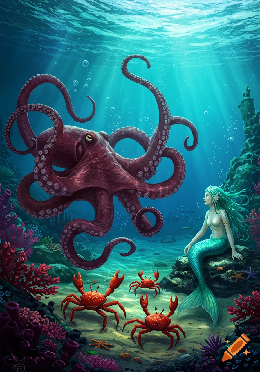 A vibrant underwater scene with a large red octopus, a mermaid sitting on a rock, and three red crabs on the seabed, surrounded by coral.