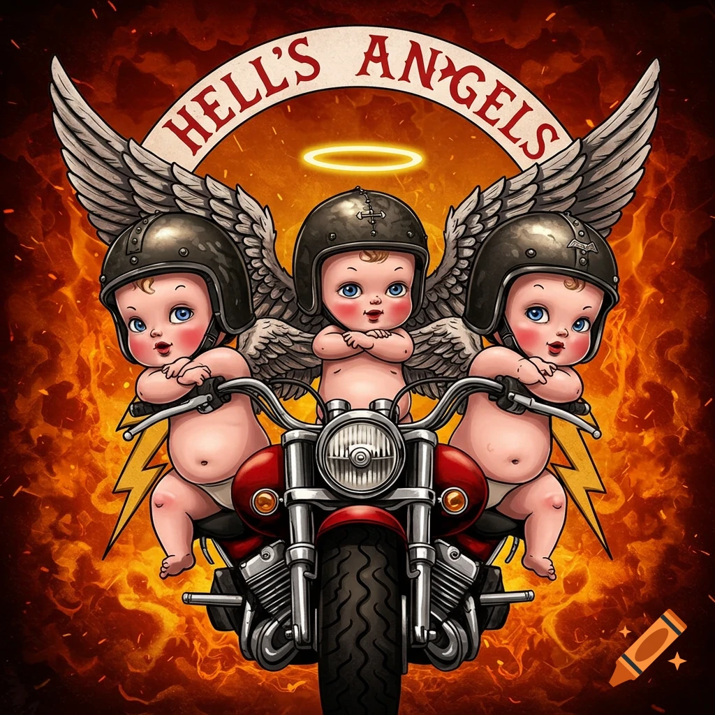 Three cherub babies wearing motorcycle helmets on a red motorcycle, with wings and a fiery background. A banner reads 'HELL'S ANGELS'.