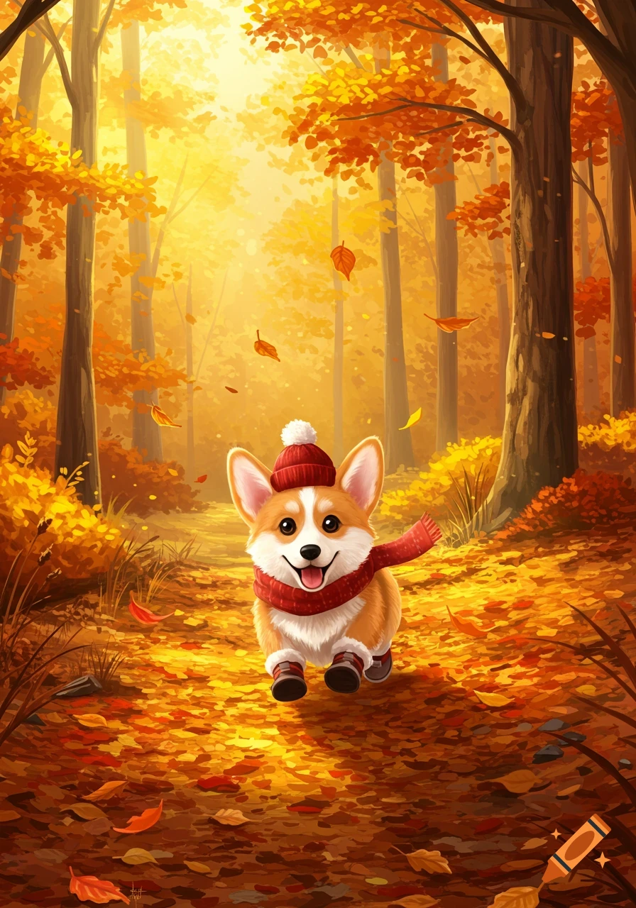 A happy corgi in a red hat, scarf, and boots walks through a vibrant autumn forest.