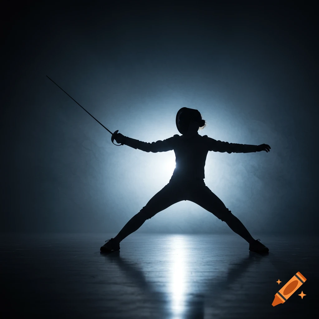 A silhouetted fencer in an athletic pose, holding an epee, against a bright, smoky background.