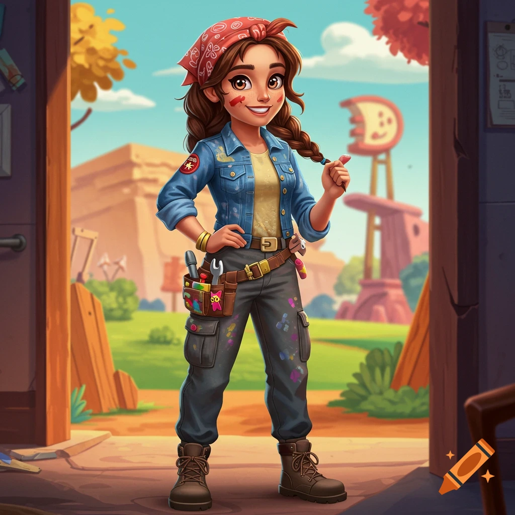 A smiling cartoon-style woman with brown hair in a braid and a red bandana stands outdoors. She wears a paint-splattered denim jacket, cargo pants, and a utility belt with tools.