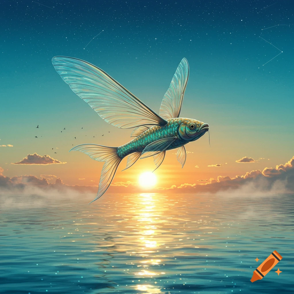 A vibrant, winged fish flies over glistening water as the sun sets on the horizon.