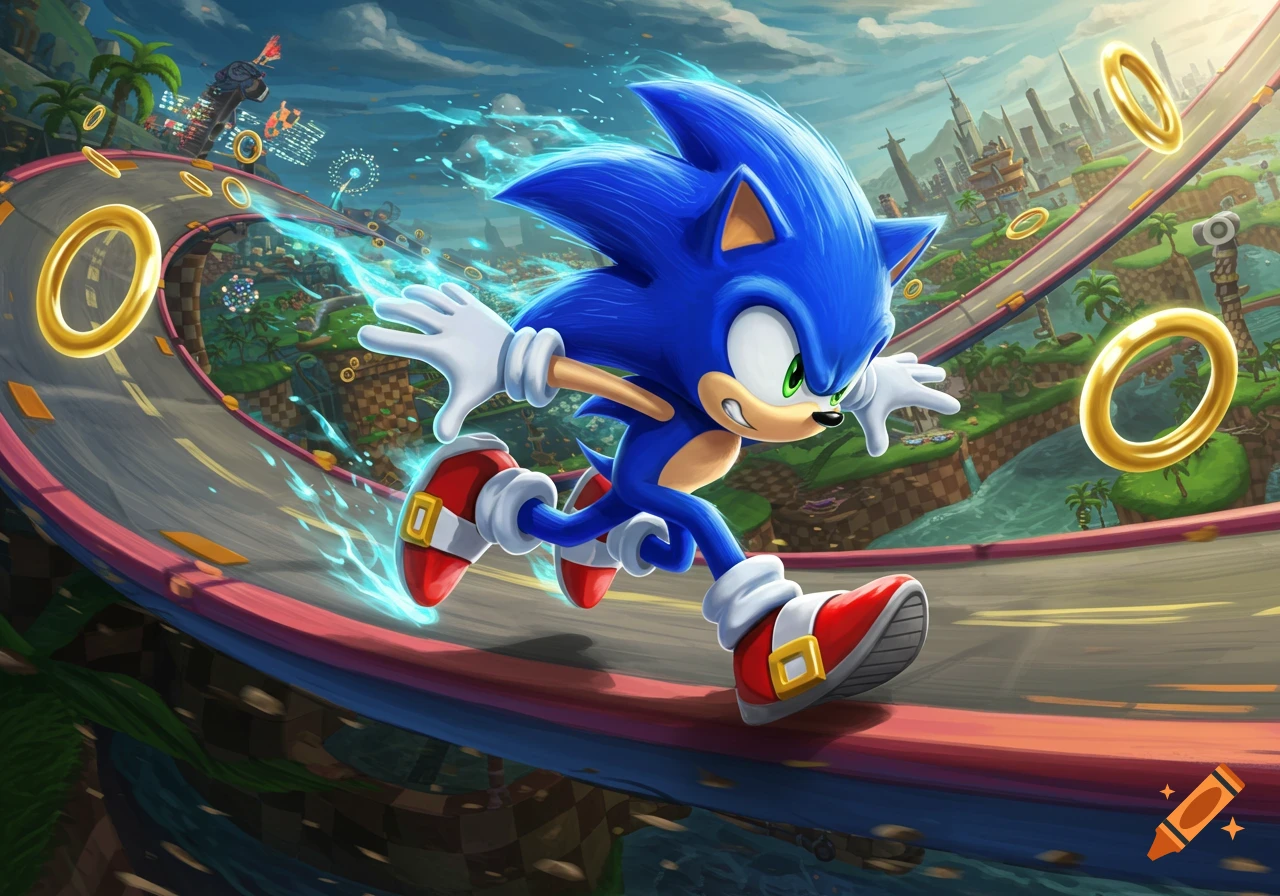 Sonic the Hedgehog runs quickly on a curving track with golden rings and a city in the distance, vibrant video game art.