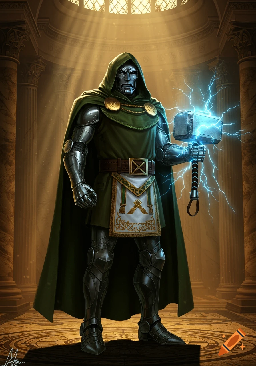 Dr. Doom in metallic armor and a green cloak, holding a lightning-charged Mjolnir, stands in a grand, columned hall bathed in sunlight.