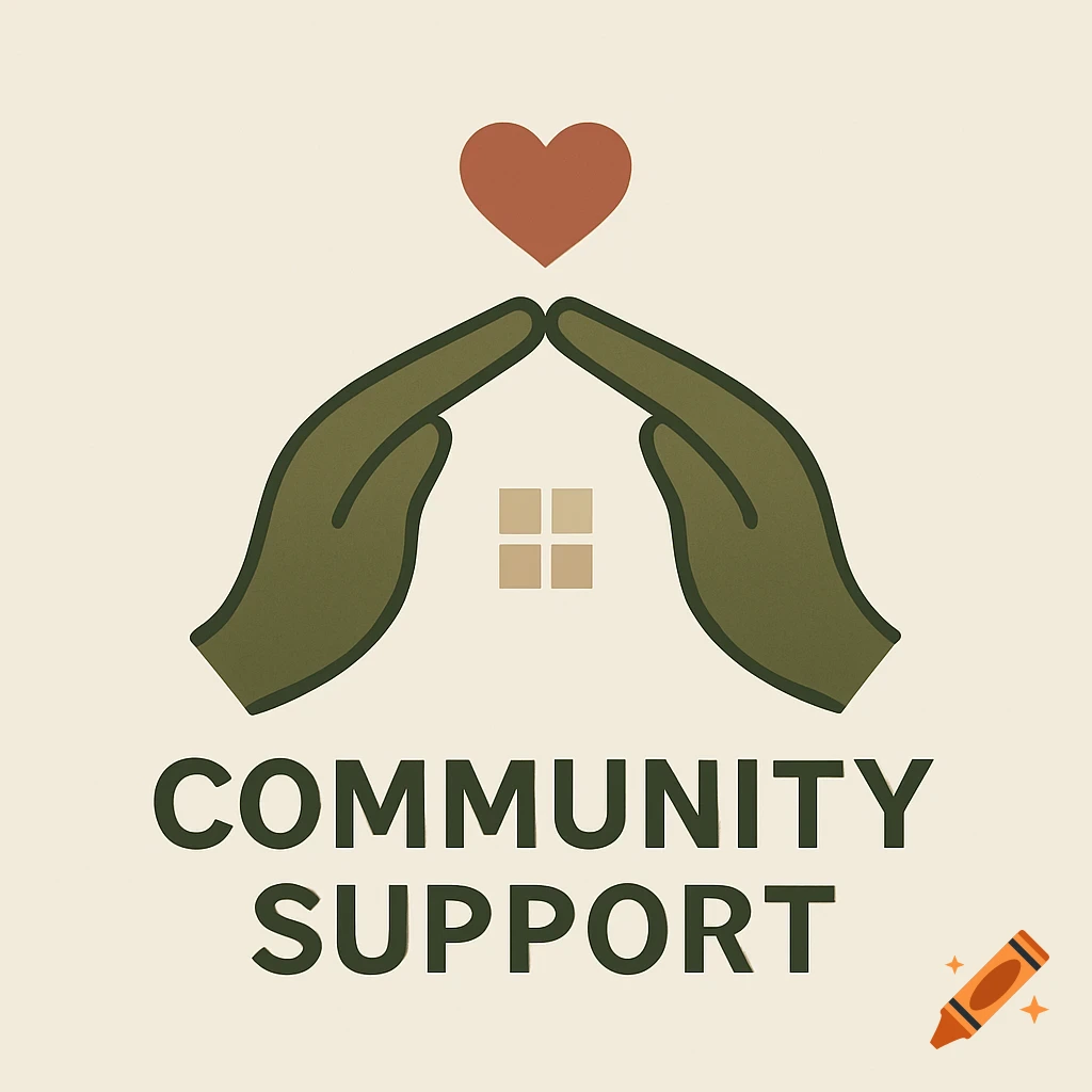 A stylized logo featuring two hands forming the roof of a house, with a heart above it and the words 'COMMUNITY SUPPORT' below, all on a light background.