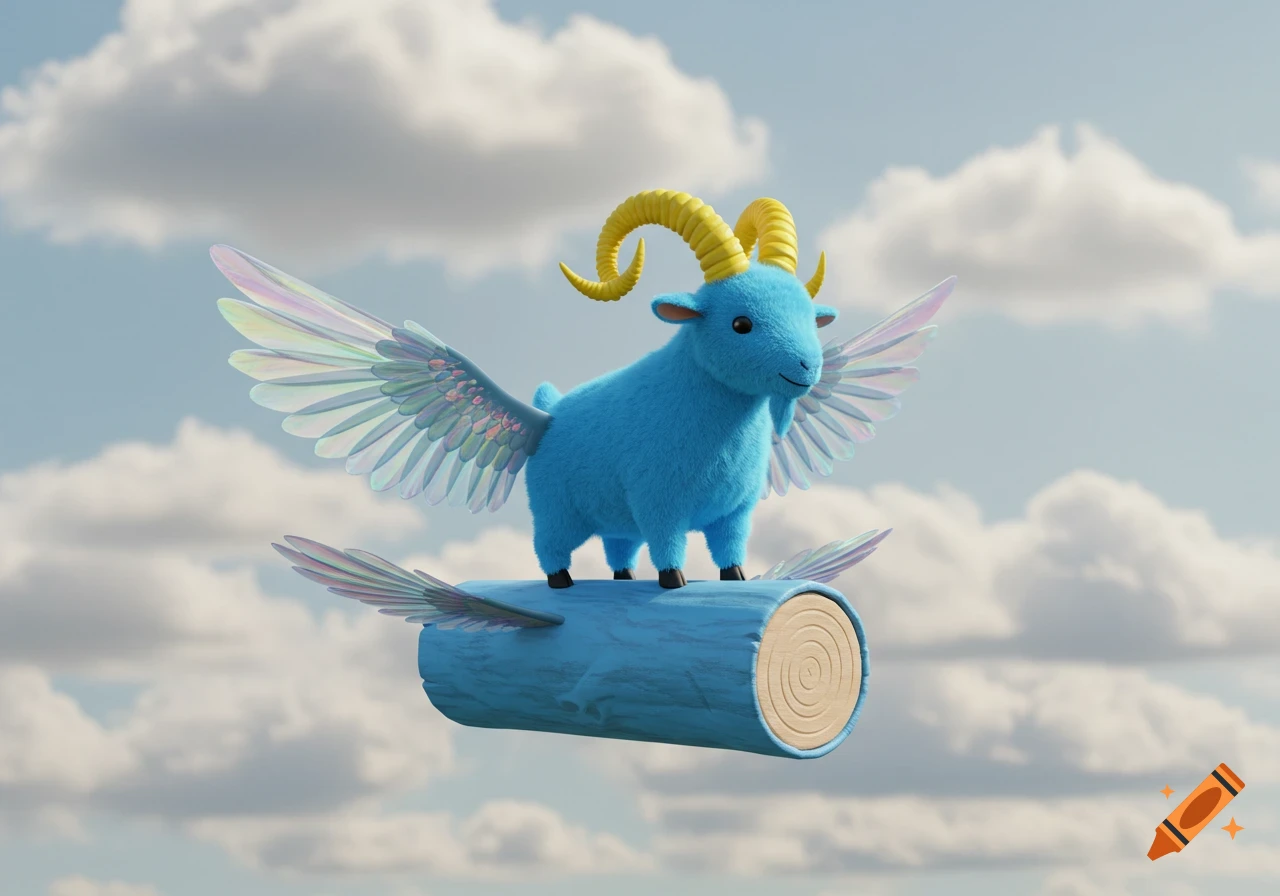 A fluffy blue goat with yellow horns and iridescent wings stands on a blue winged log, flying through a cloudy sky in a 3D render.