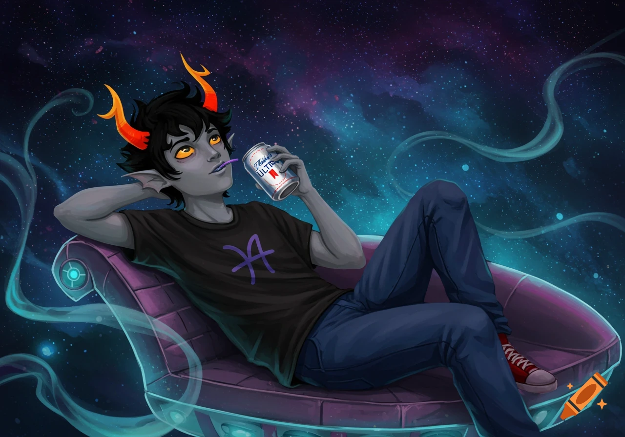 A grey-skinned character with black hair, orange horns, and yellow eyes reclines on a purple futuristic couch, drinking Michelob Ultra with a straw against a vibrant starry space background.