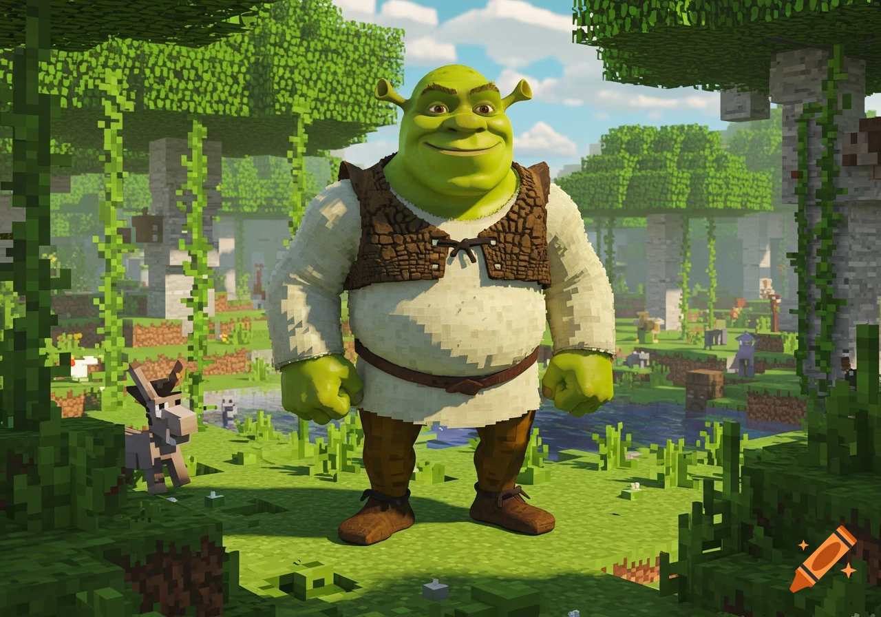 Shrek stands in a blocky, green Minecraft-like forest with a small donkey beside him.