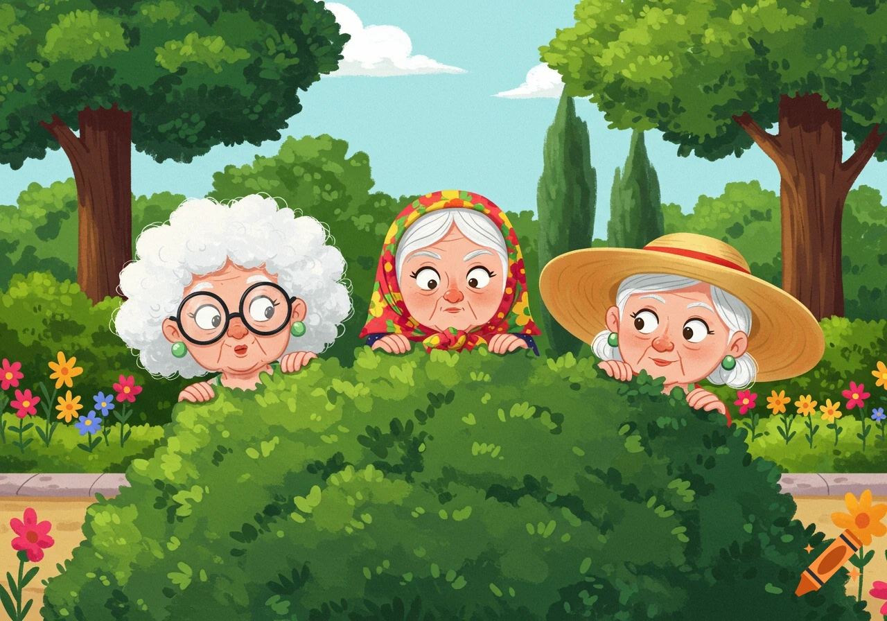 Three cartoon elderly women with distinct features peek over a green bush in a sunny park.