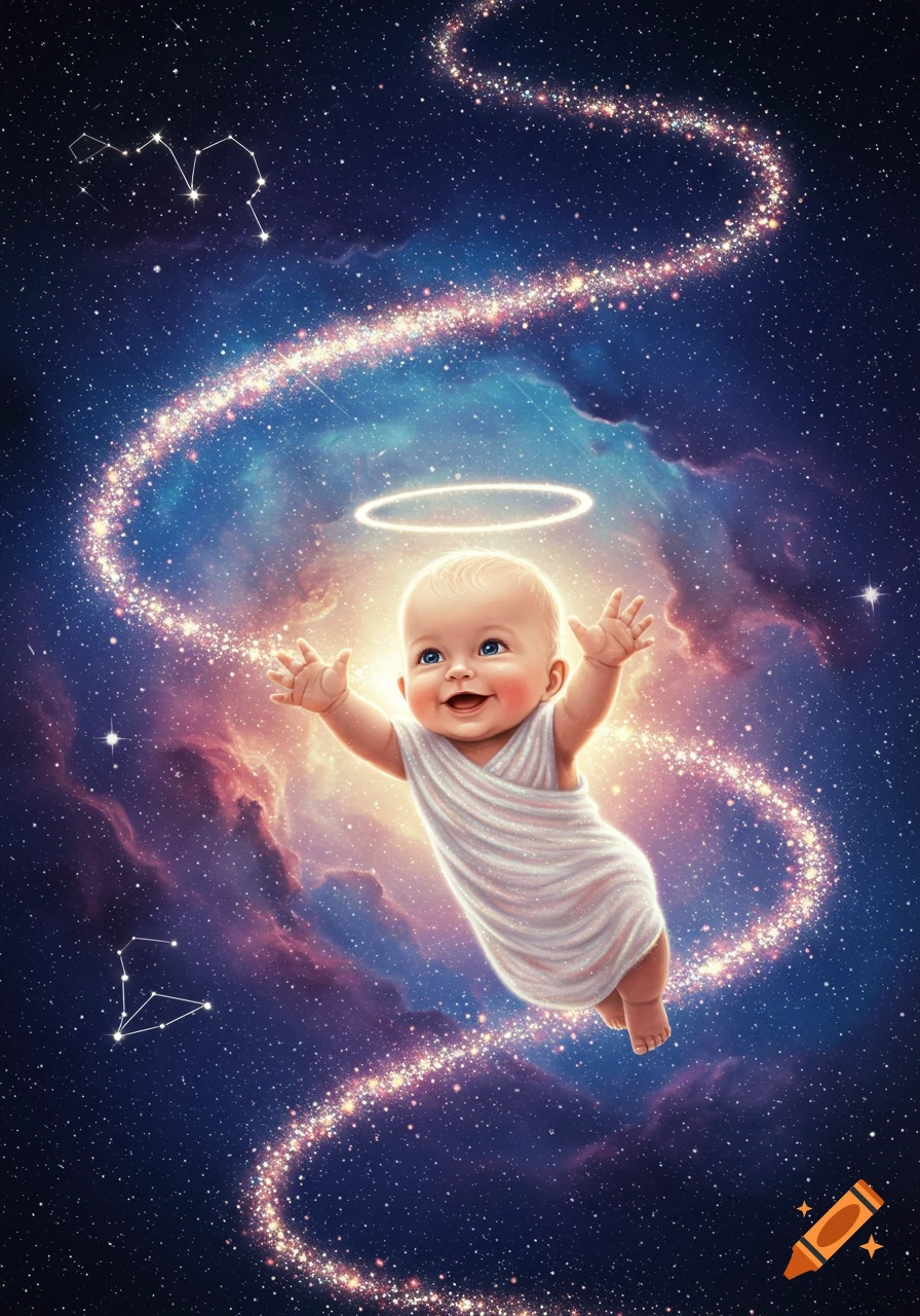 A happy baby with a halo floats through a vibrant, star-filled cosmic space, arms outstretched, with a sparkling trail behind it.