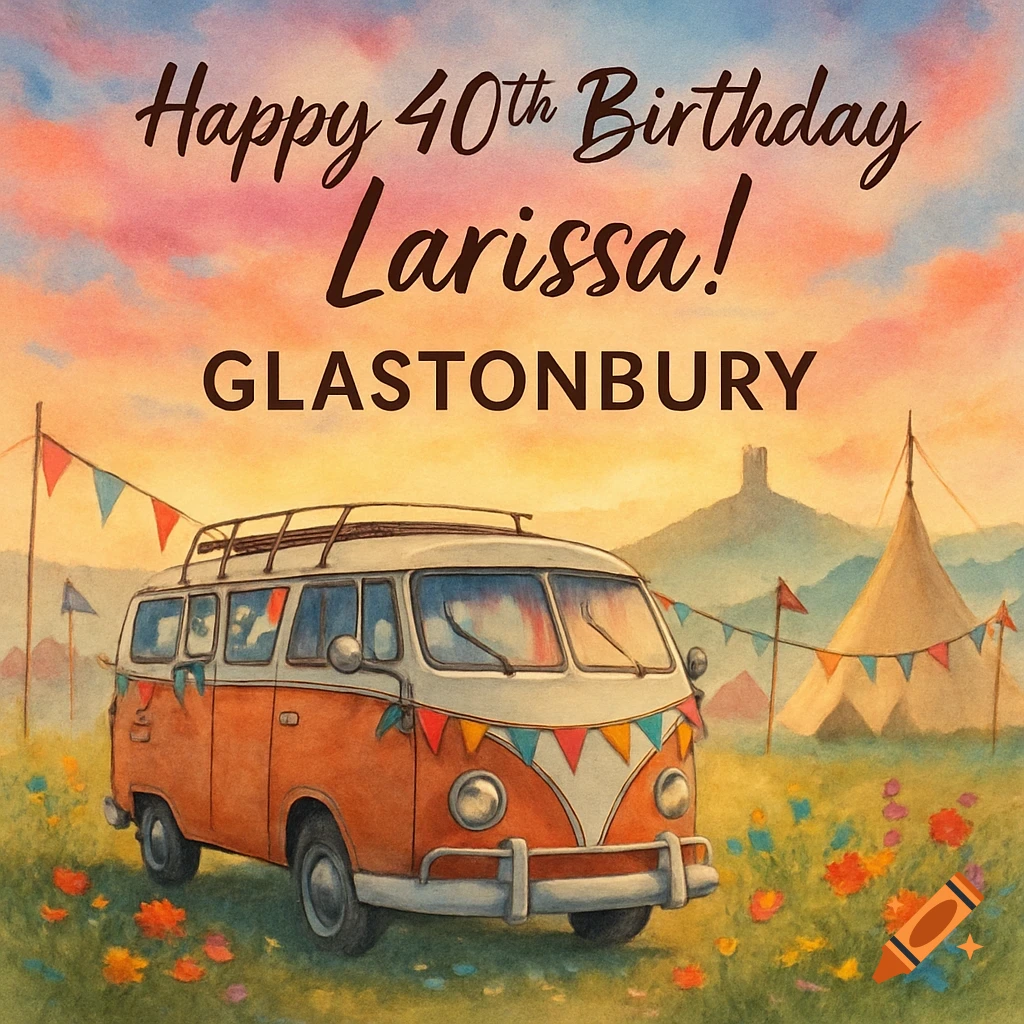 Watercolor of an orange camper van with bunting in a flower field at sunset, with 'Happy 40th Birthday Larissa! GLASTONBURY'.
