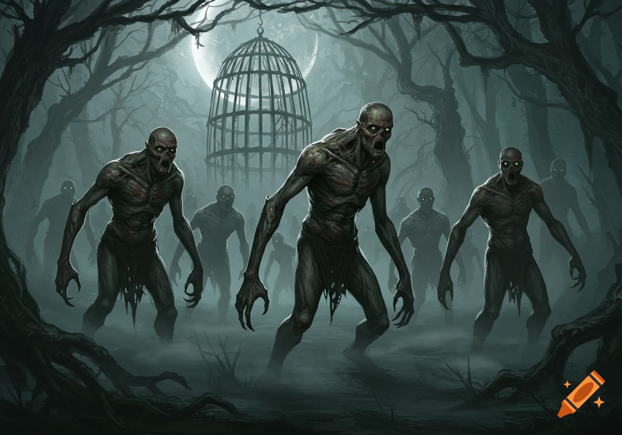 A horde of grotesque zombies with glowing eyes emerge from a foggy, dark forest under a full moon, with a hanging cage.