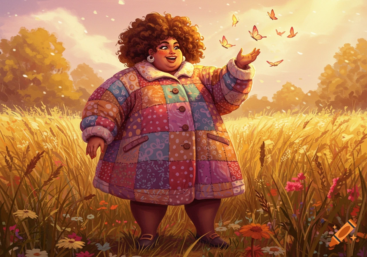 A whimsical illustration of a happy, plump woman in a colorful patchwork coat reaching out to butterflies in a golden field at sunset.