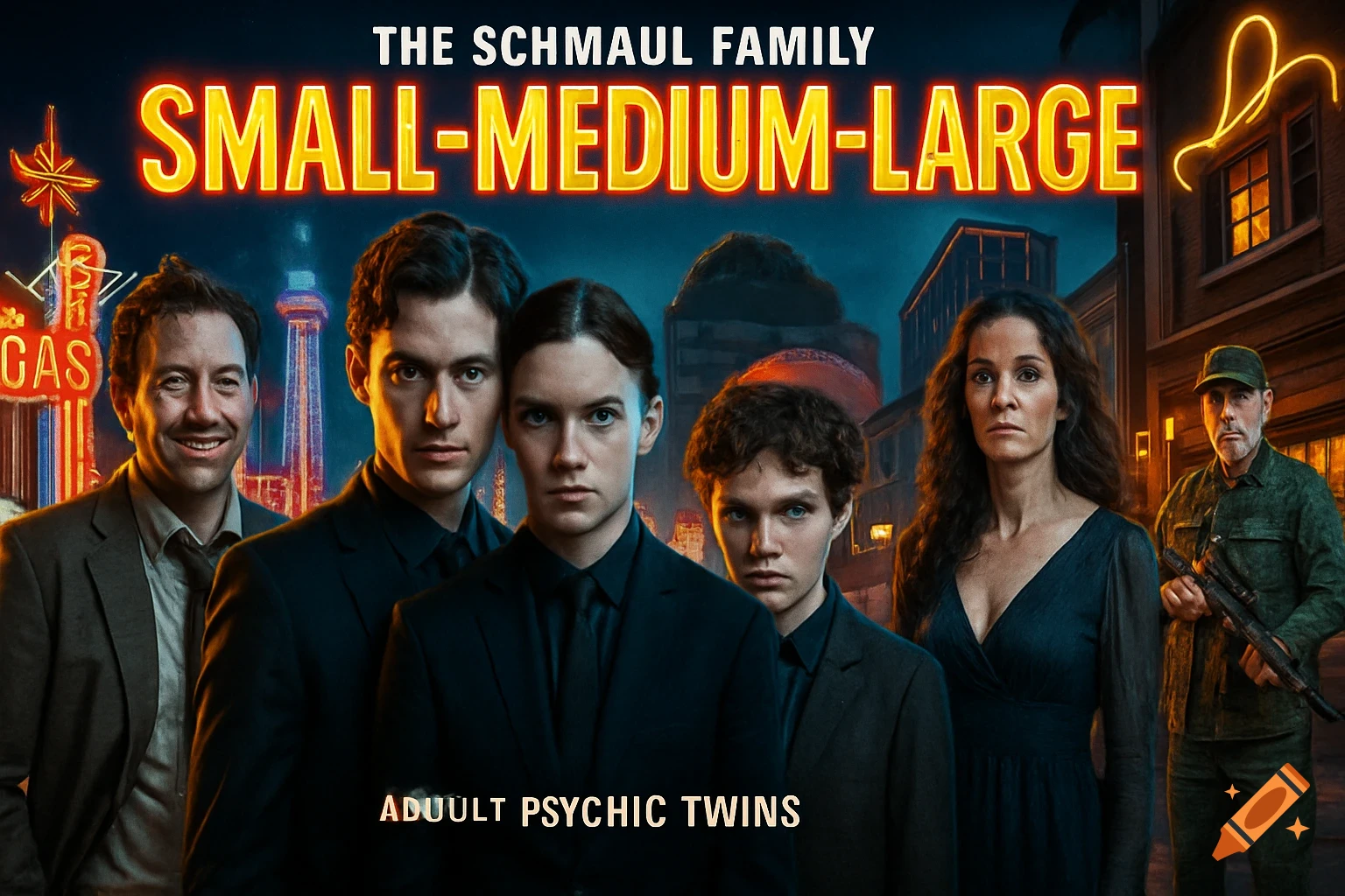 A promotional poster for "The Schmaul Family: Small-Medium-Large" featuring a group of six diverse individuals standing in a city street at night, with neon signs in the background.
