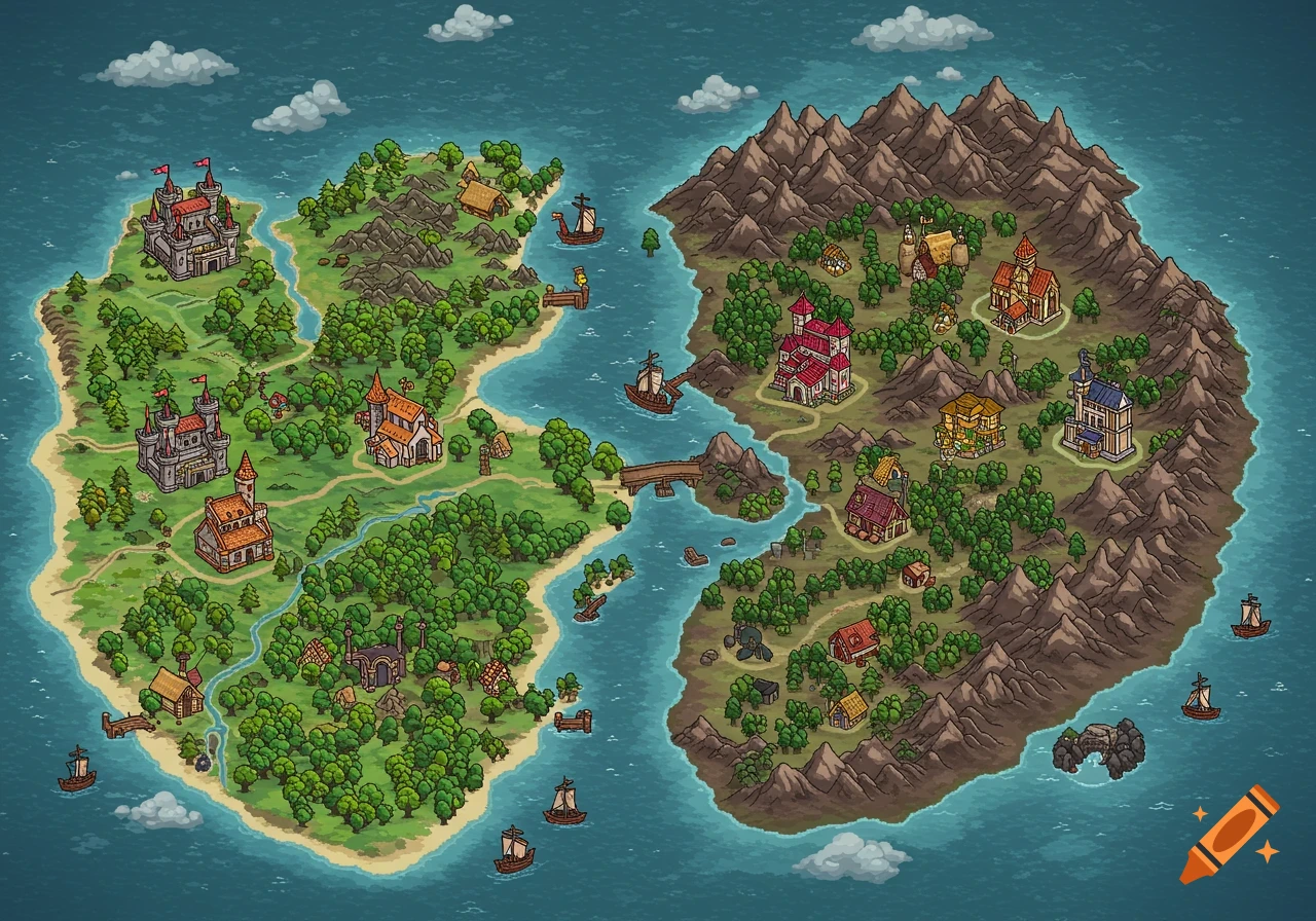 Detailed pixel art fantasy world map featuring two continents with castles, towns, forests, mountains, and ships.