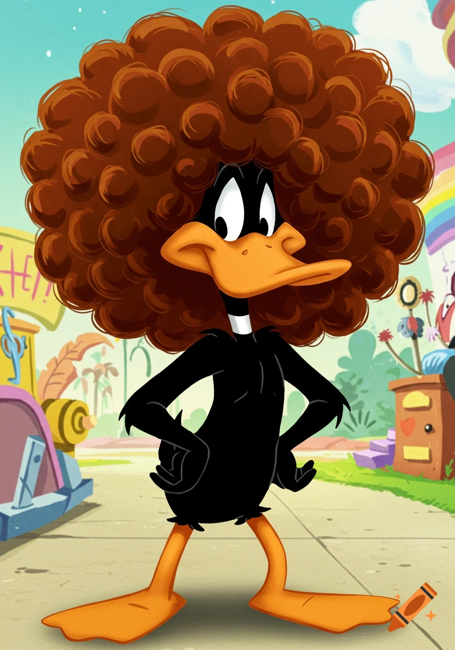 Daffy Duck from Looney Tunes with a large brown afro hairstyle, cartoon style.