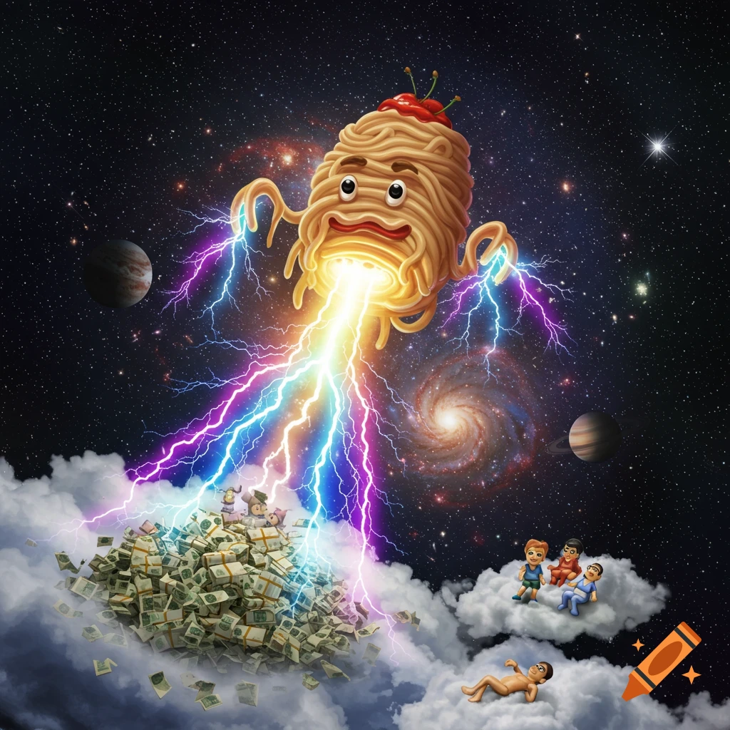 A cartoon Flying Spaghetti Monster with lightning bolts from its eyes zaps a pile of money and small people floating on clouds in space.