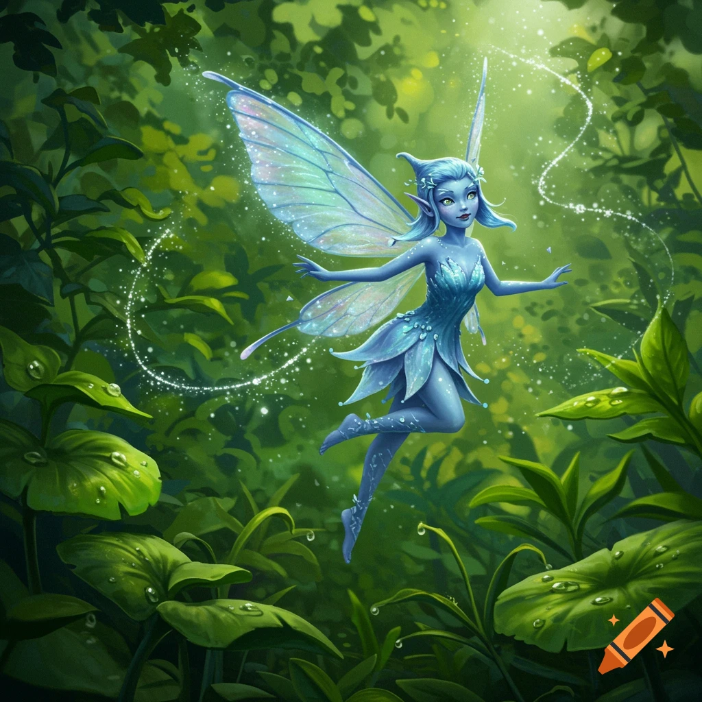 A blue pixie with translucent wings floats amidst lush green leaves and sparkling magical dust in a forest.