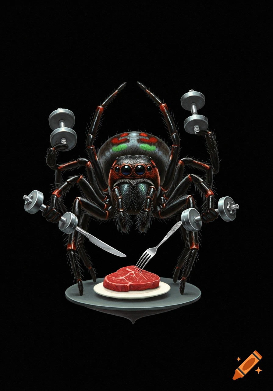 A detailed black, red, and green spider lifts dumbbells with its limbs while holding a knife and fork over a steak on a plate.