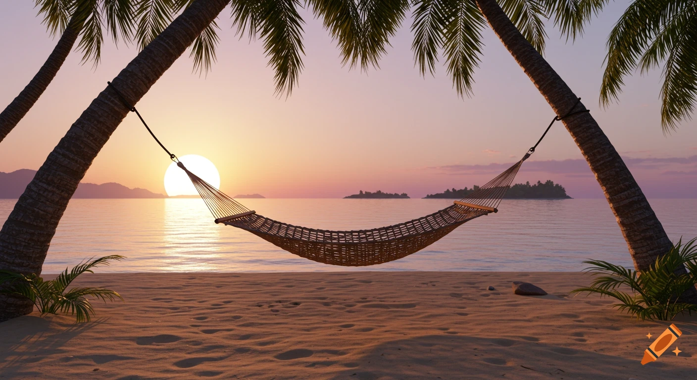 A photorealistic image of a hammock strung between two palm trees on a sandy beach at sunset, with a calm ocean and small islands in the background.