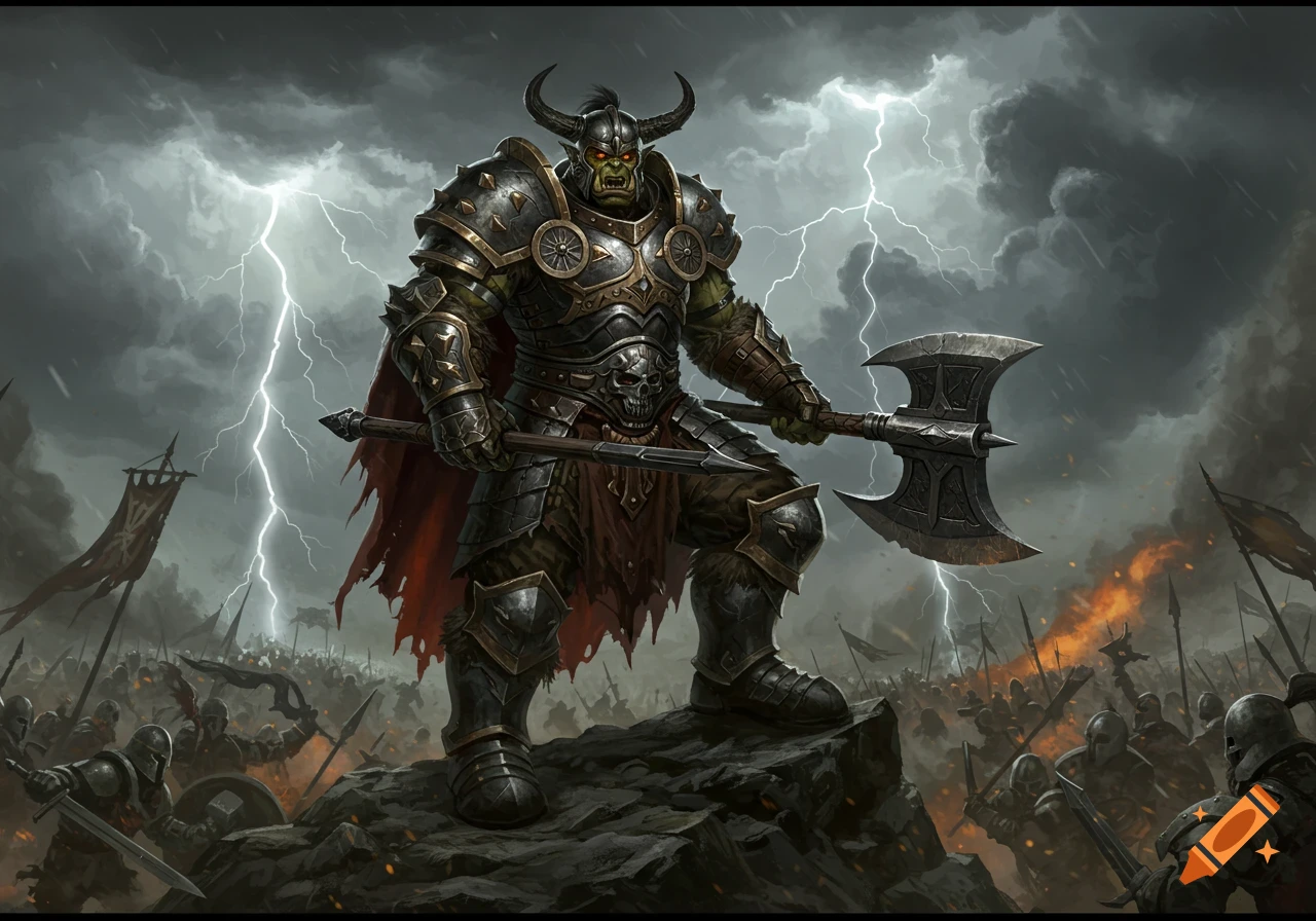 An imposing armored orc warlord with horns and a large axe stands on a rock leading a chaotic battle under a stormy sky with lightning.