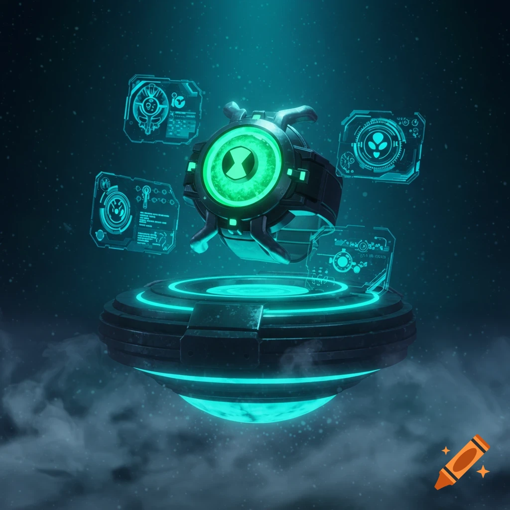 A futuristic glowing green and black Omnitrix device hovers above a glowing platform, surrounded by holographic screens displaying symbols and data, set against a dark, starry background with smoke.