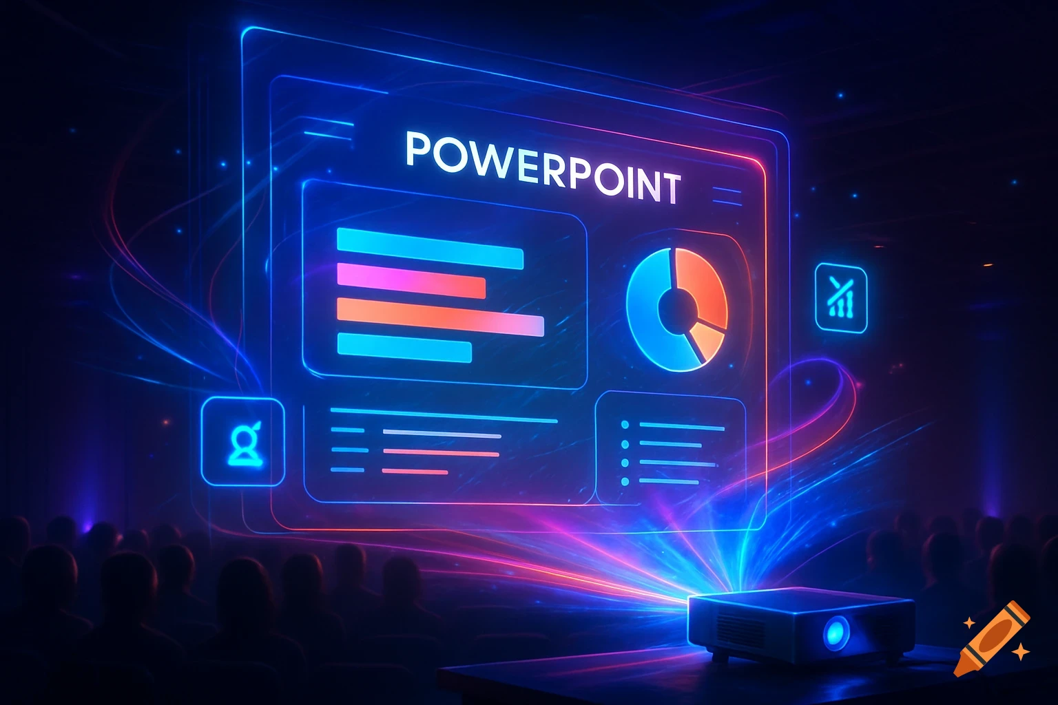 A futuristic projection of a PowerPoint presentation with charts and graphs, viewed by a silhouetted audience, in a dark, neon-lit room.